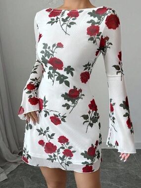NWOT White Long-Sleeve Mini Dress with Red Rose Print